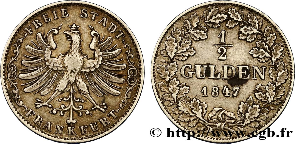 ALLEMAGNE - VILLE LIBRE DE FRANCFORT 1/2 Gulden 1847 Francfort TTB 