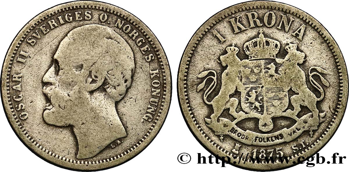 SWEDEN 1 Krona Oscar II 1875  VF 