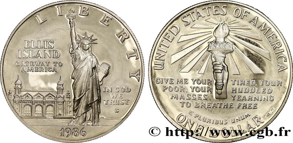 ÉTATS-UNIS D AMÉRIQUE 1 Dollar Proof Statue de la Liberté, Ellis Island 1986 San Francisco SPL 
