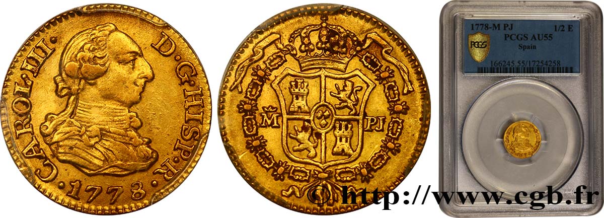 SPAIN 1/2 Escudo Charles III 1778 Madrid AU55 PCGS