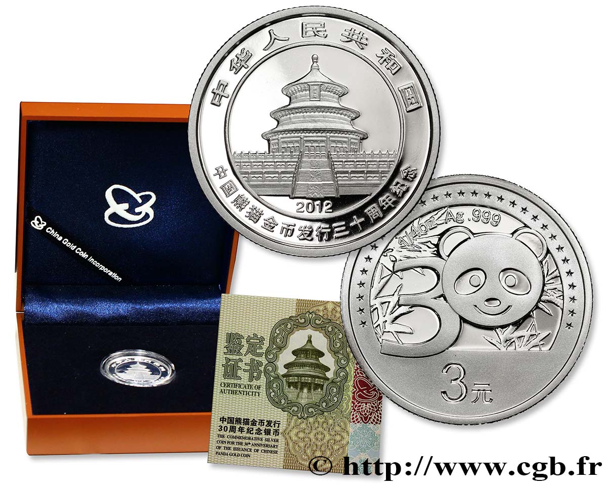 CHINA 3 Yuan Proof 30e anniversaire des monnaies Panda 2012  MS 