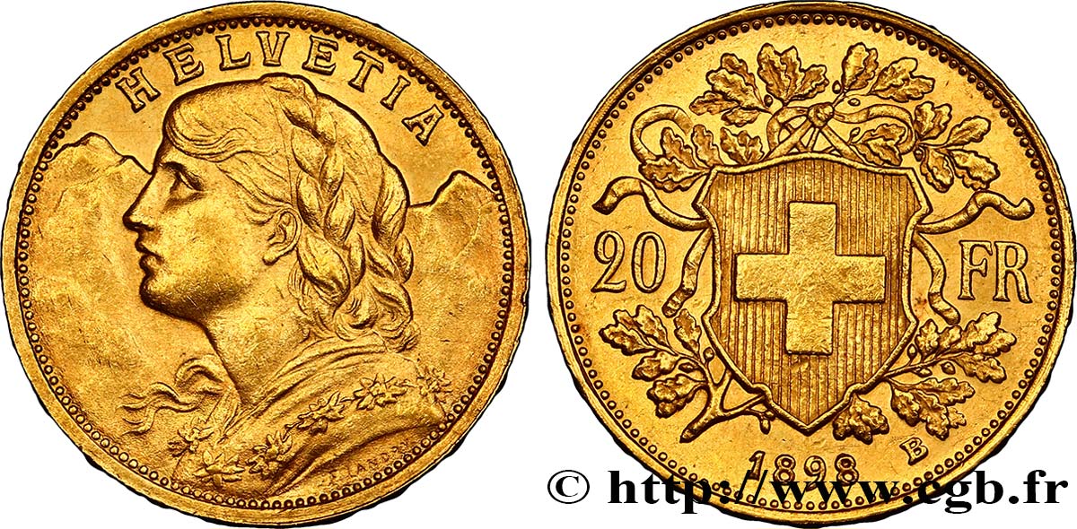 SUISSE 20 Francs or buste diadémé d Helvetia 1898 Berne SUP 