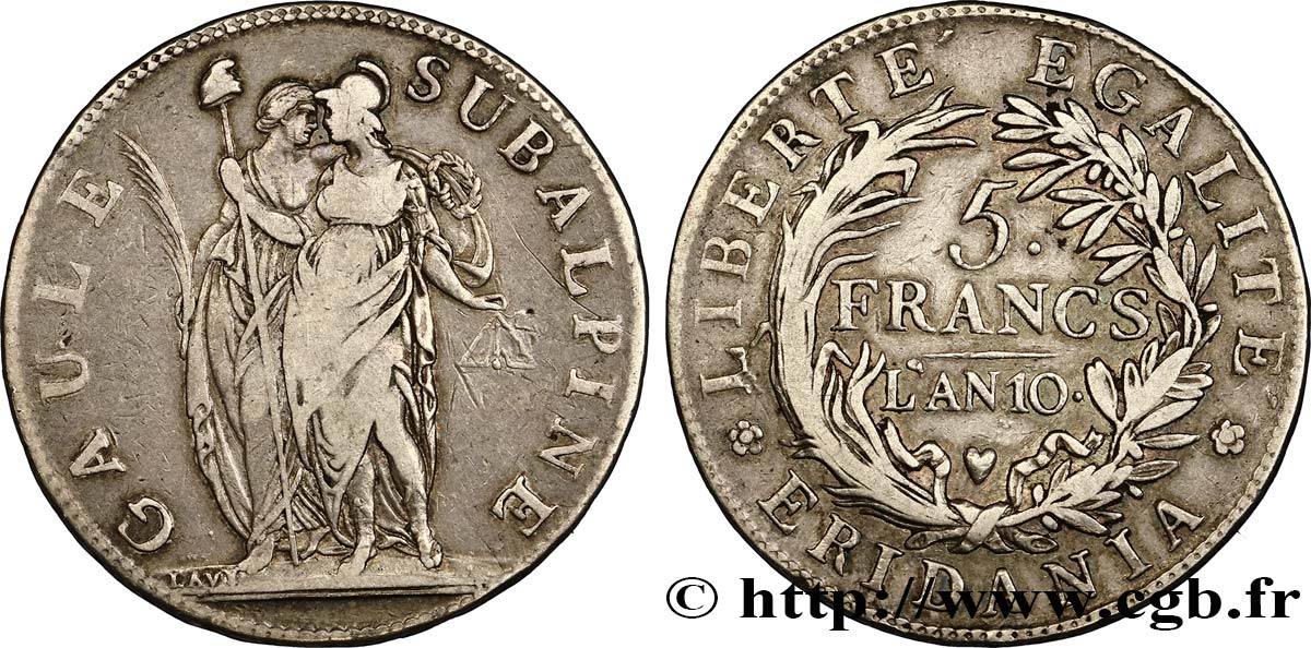 ITALIA - GALLIA SUBALPINA 5 Francs an 10 1802 Turin BC+/MBC 