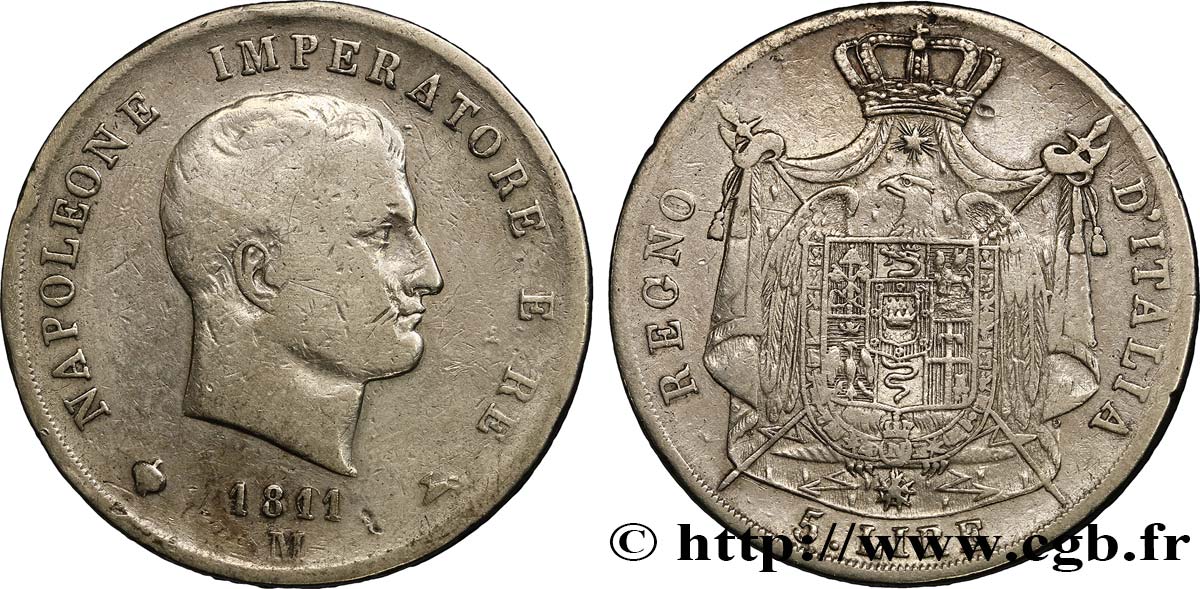 ITALIEN - Königreich Italien - NAPOLÉON I. 5 Lire 1811 Milan S/fSS 
