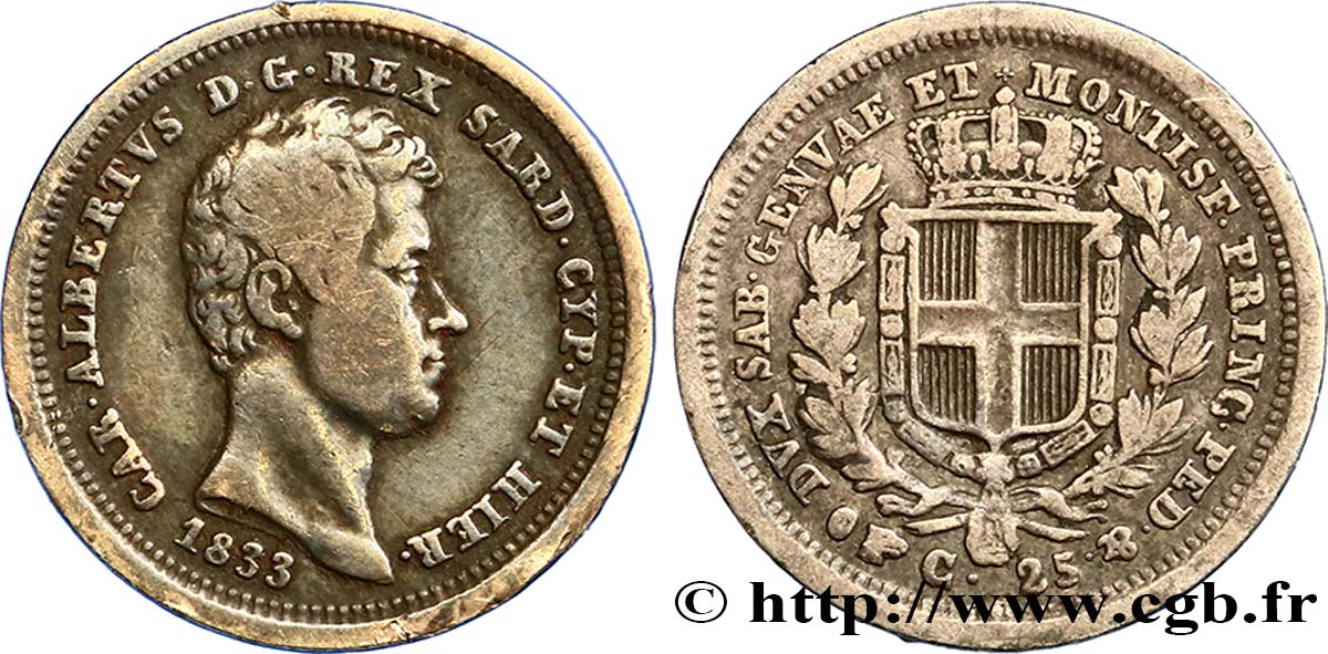 ITALY - KINGDOM OF SARDINIA 25 Centesimi Charles Albert 1833 Turin XF 