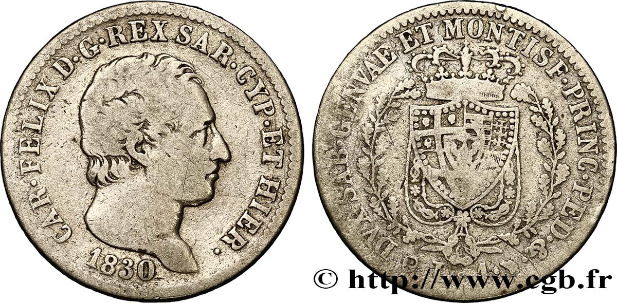 ITALY - KINGDOM OF SARDINIA 1 Lire Charles Félix 1830 Turin F 
