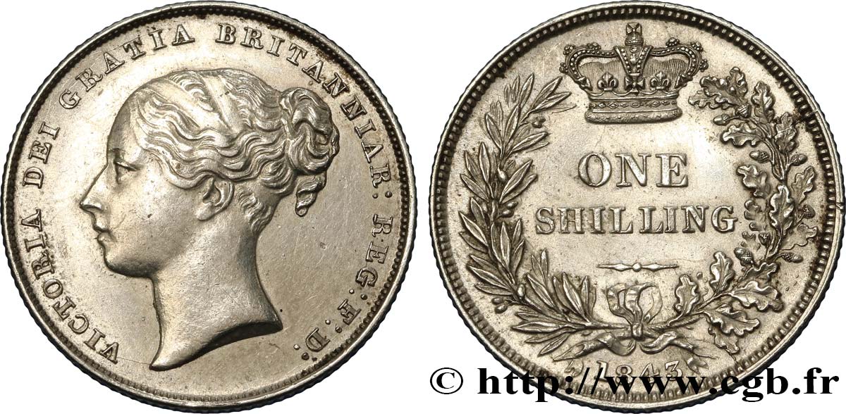 ROYAUME-UNI 1 Shilling Victoria tête jeune 1843  TTB+/SUP 