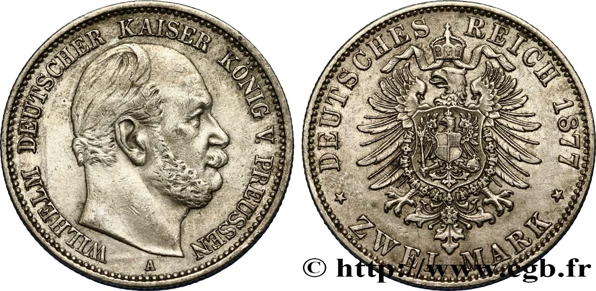 GERMANY - PRUSSIA 2 Mark Guillaume Ier 1877 Berlin AU 