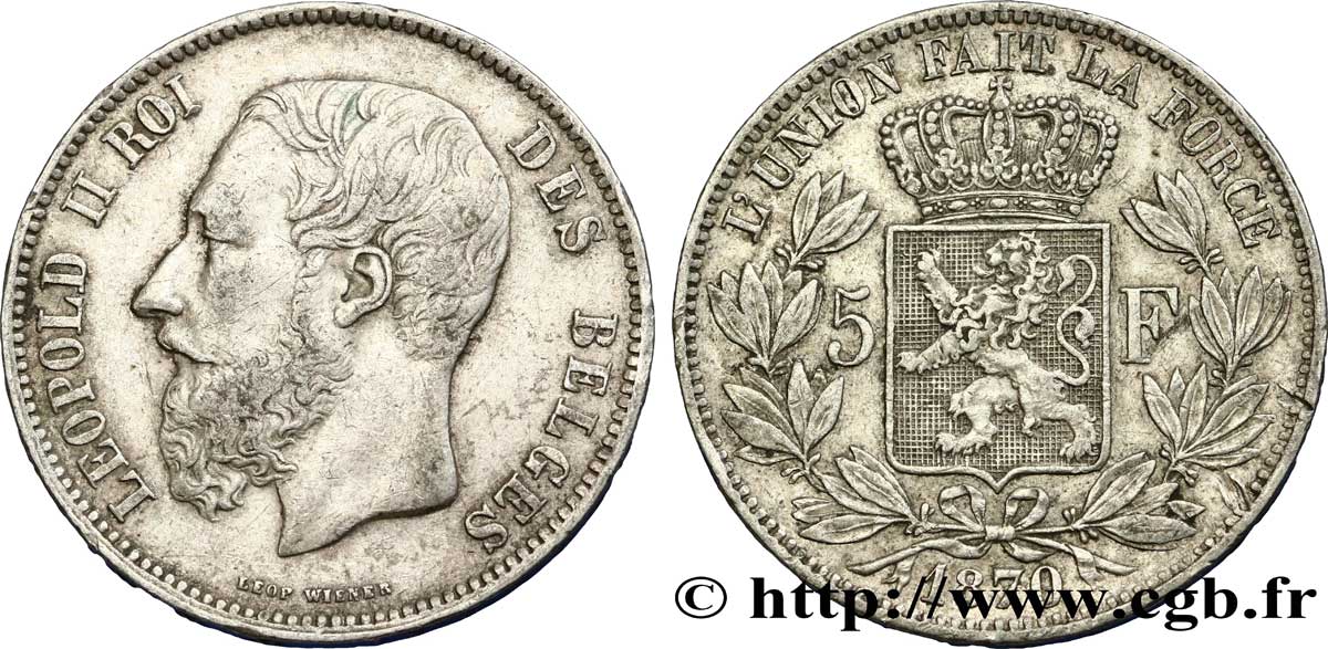 BELGIQUE 5 Francs Léopold II 1870 TB+