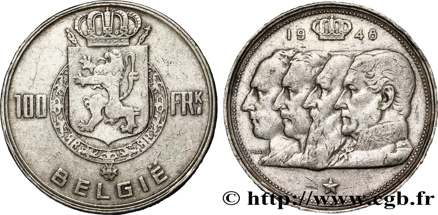 BELGIQUE 100 Francs bustes des quatre rois de Belgique, légende flamande 1948  TB+ 