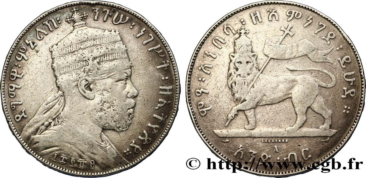 ETHIOPIA 1 Birr Menelik II EE1889 1897 Paris VF 