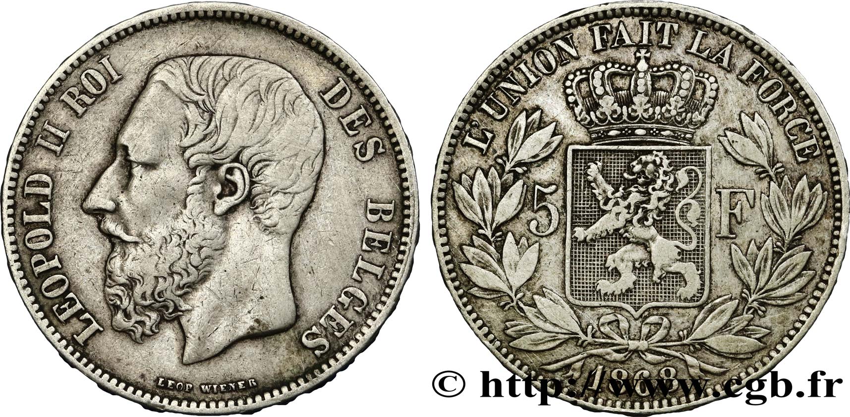 BELGIUM 5 Francs Léopold II  1868  VF 