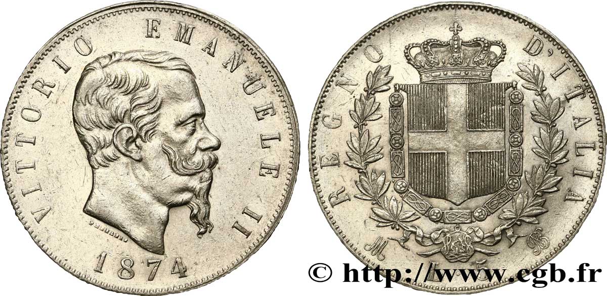 ITALIE 5 Lire Victor Emmanuel II 1874 Milan TTB