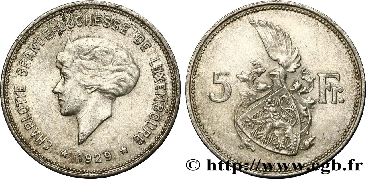 LUSSEMBURGO 5 Francs Grande-Duchesse Charlotte 1929  q.SPL 