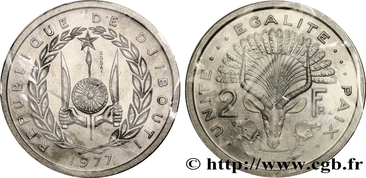 DJIBOUTI Essai de 2 Francs emblème / antilope 1977 Paris MS 