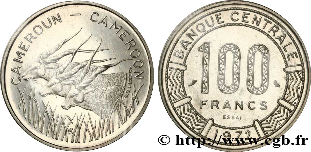 CAMEROUN Essai de 100 Francs légende bilingue, type Banque Centrale, antilopes 1972 Paris SPL 