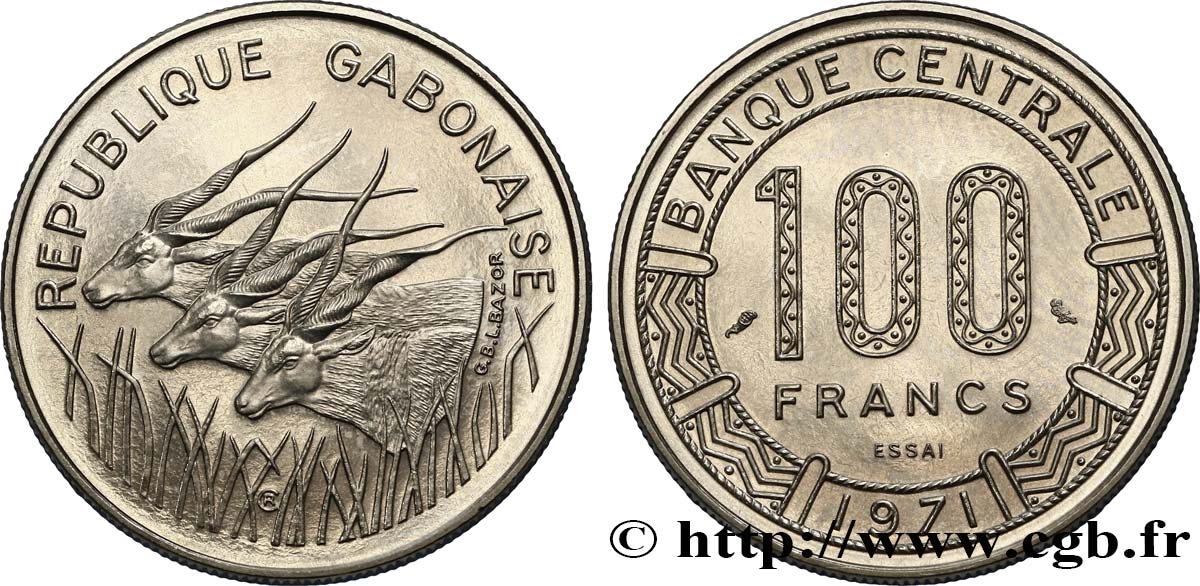 GABON Essai de 100 Francs antilopes type “Banque Centrale” 1971 Paris SPL 