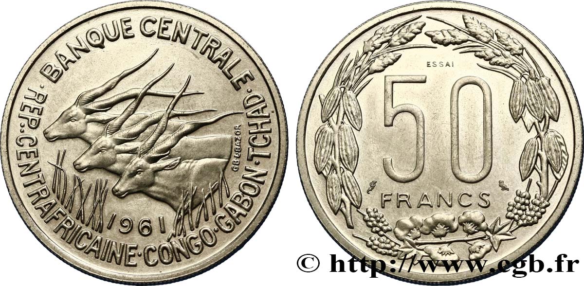 ÉTATS DE L AFRIQUE ÉQUATORIALE Essai de 50 Francs antilopes 1961  SPL 