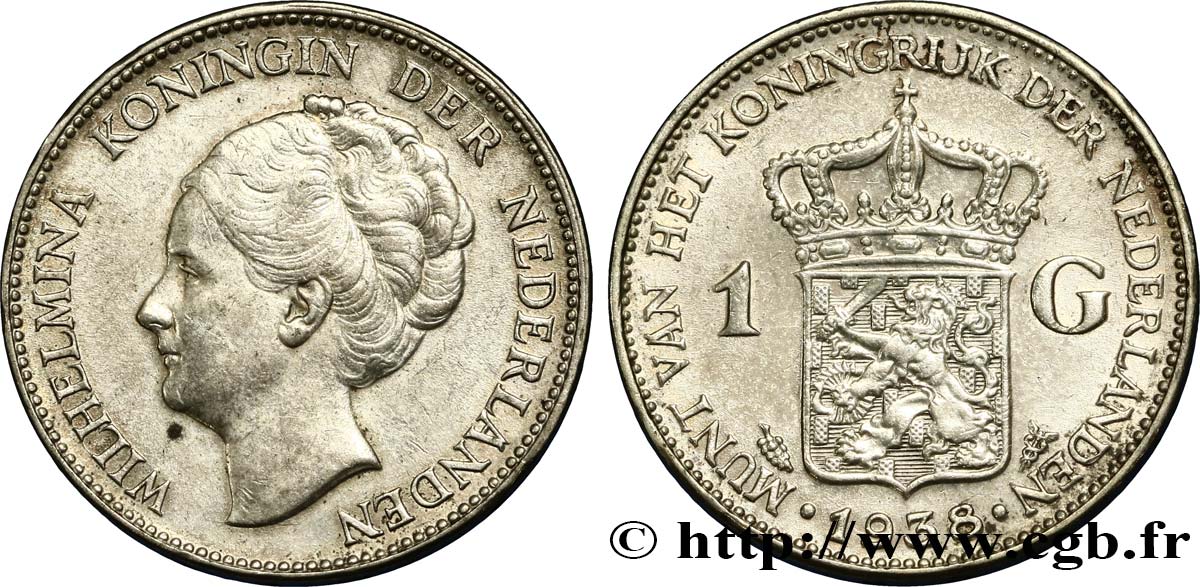 NETHERLANDS 1 Gulden Wilhelmina 1938  AU 
