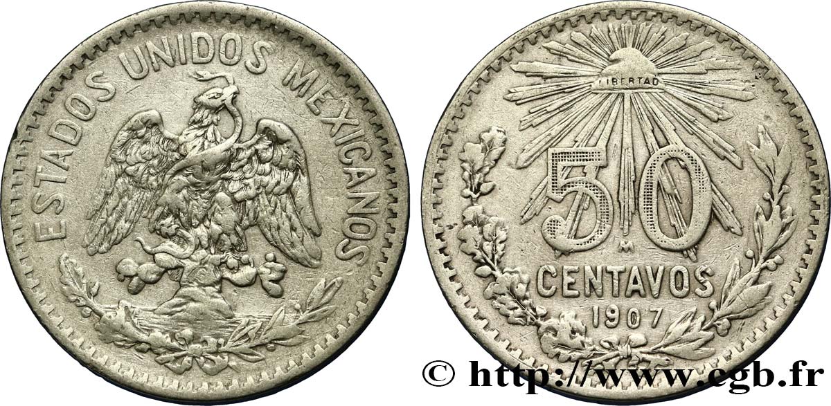 MEXICO 50 Centavos 1907 Mexico VF 
