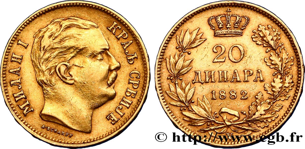 SERBIE 20 Dinara Milan IV Obrenovic 1882 Vienne TTB+ 