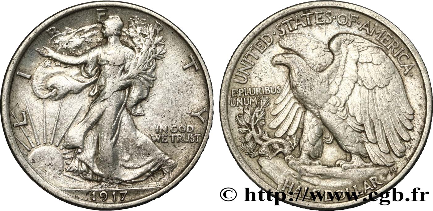 ÉTATS-UNIS D AMÉRIQUE 1/2 Dollar Walking Liberty 1917 Philadelphie TTB 
