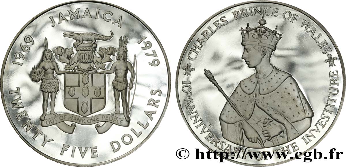 JAMAÏQUE 25 Dollars Proof 10e anniversaire de l’investiture du Prince de Galles 1979  FDC 