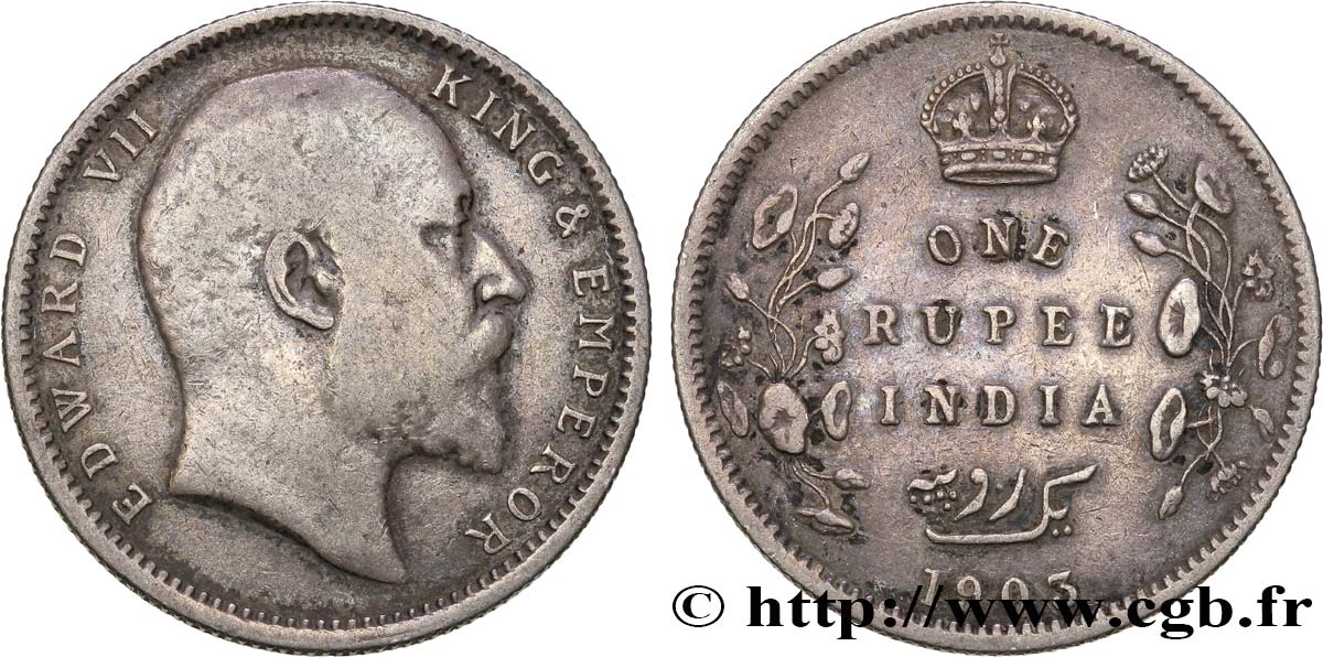 INDES BRITANNIQUES 1 Roupie Edouard VII 1903 Bombay TB+ 