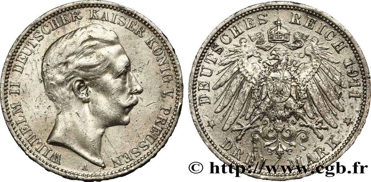 ALLEMAGNE - PRUSSE 3 Mark Guillaume II  1911 Berlin TB+ 