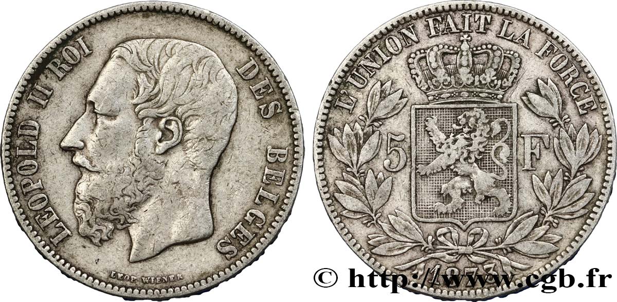 BELGIUM 5 Francs Léopold II 1873  VF/AU 