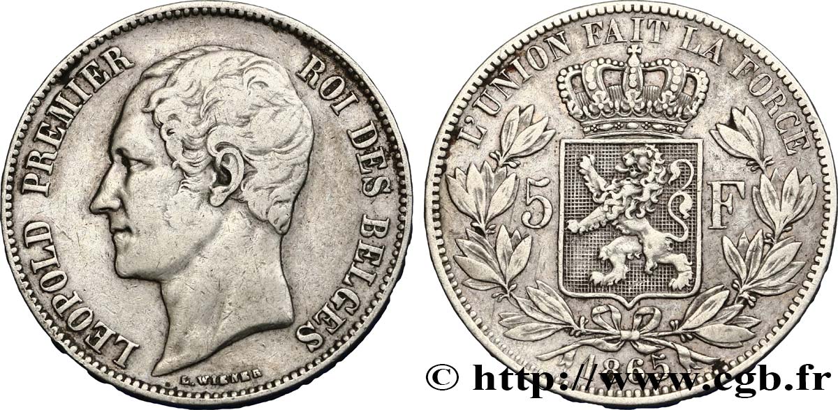 BELGIEN 5 Francs Léopold Ier tête nue 1865  SS 
