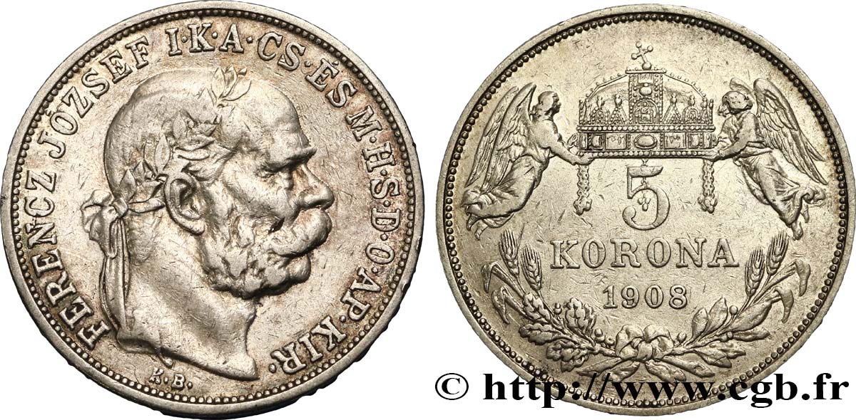 HUNGARY 5 Korona François-Joseph 1908 Kremnitz XF 