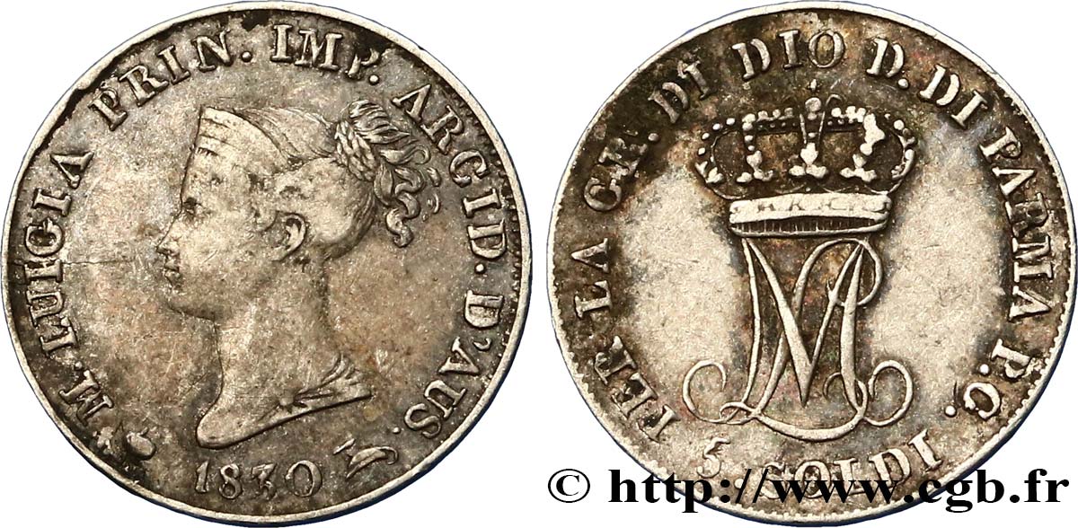 ITALY - PARMA AND PIACENZA 5 soldi Marie-Louise 1830 Milan VF 