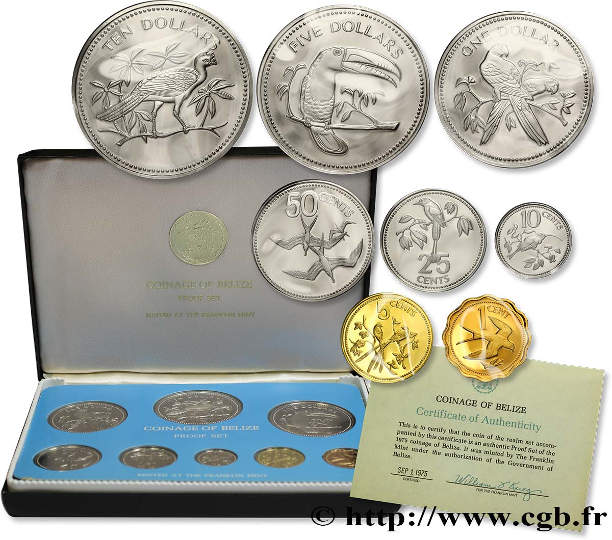 BELIZE Série Proof 8 monnaies emblèmes / oiseaux 1975 Franklin Mint ST 