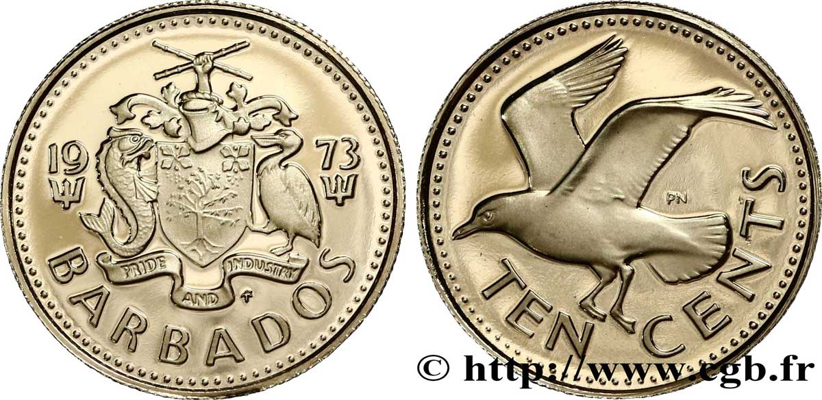 BARBADE 10 Cents Proof Mouette rieuse 1973  SPL 