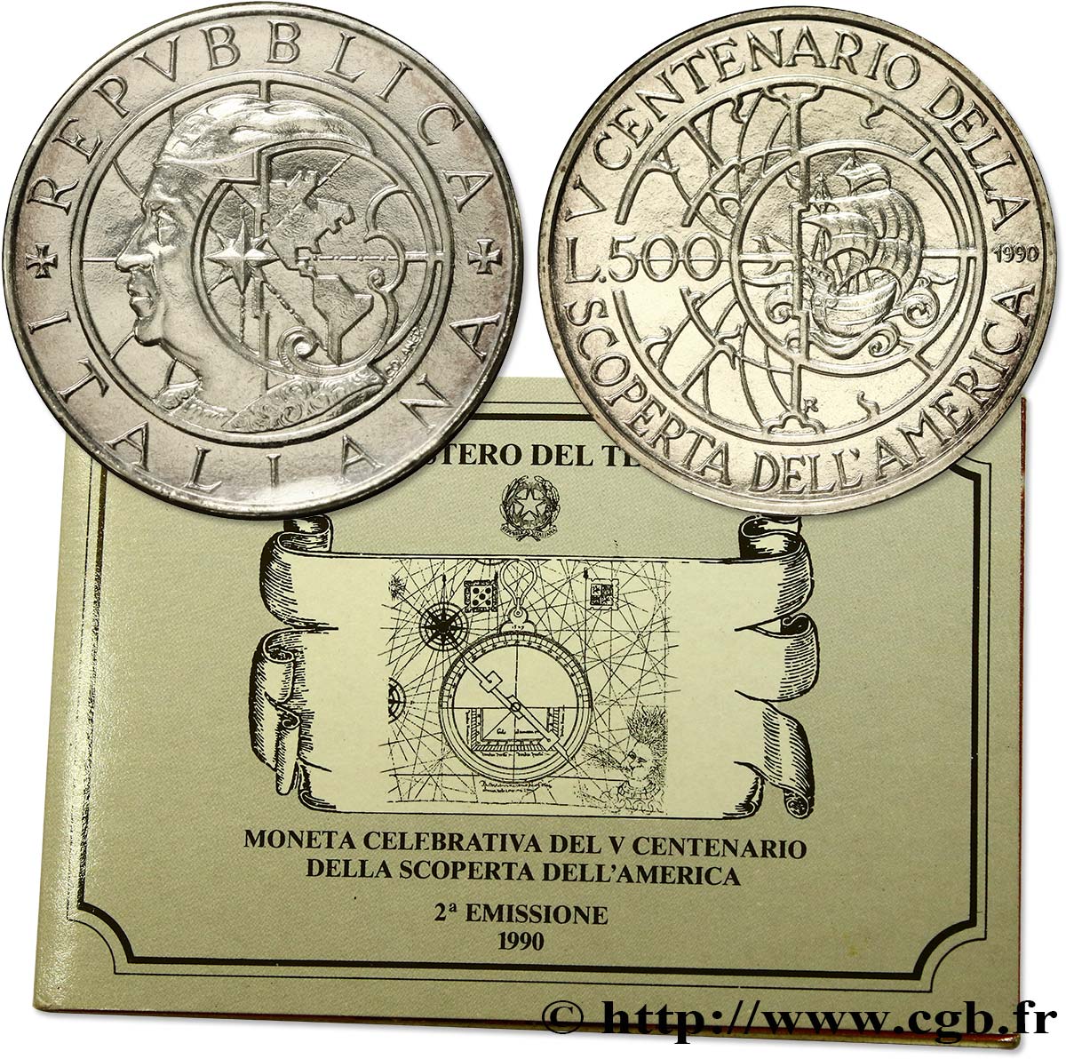 ITALIE 500 Lire 5e centenaire de la découverte de l’Amérique, 2e émission : Christophe Colomb / instruments de navigation 1990 Rome - R FDC 