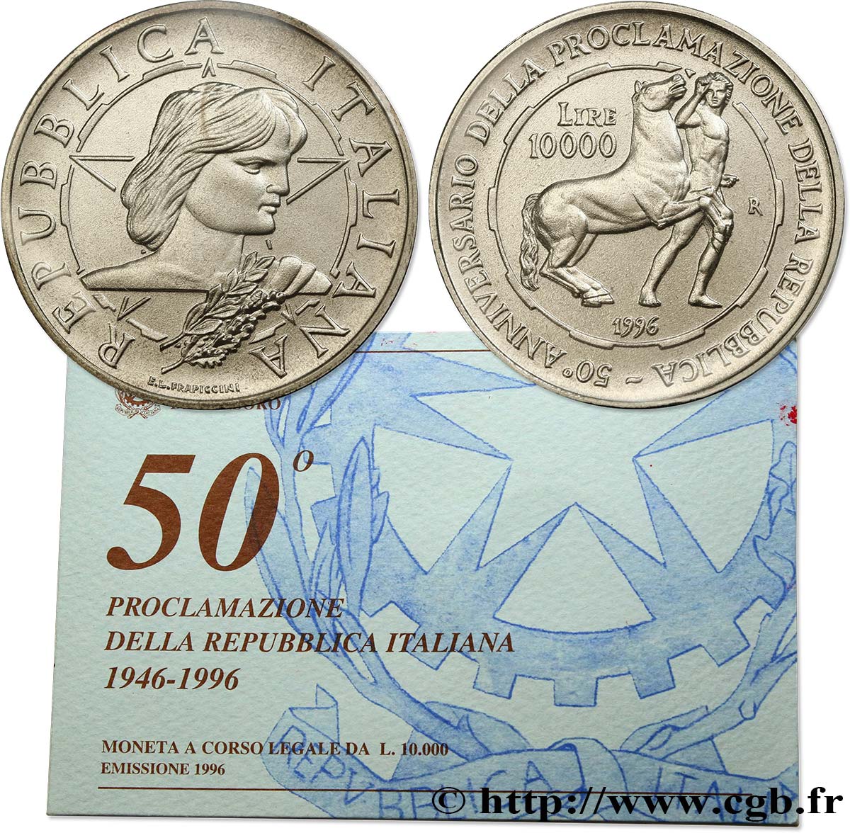 ITALIE 10000 Lire 50e anniversaire de la proclamation de la République Italienne : allégorie de l’italie / dioscures de la place du Quirinal 1996 Rome - R FDC 