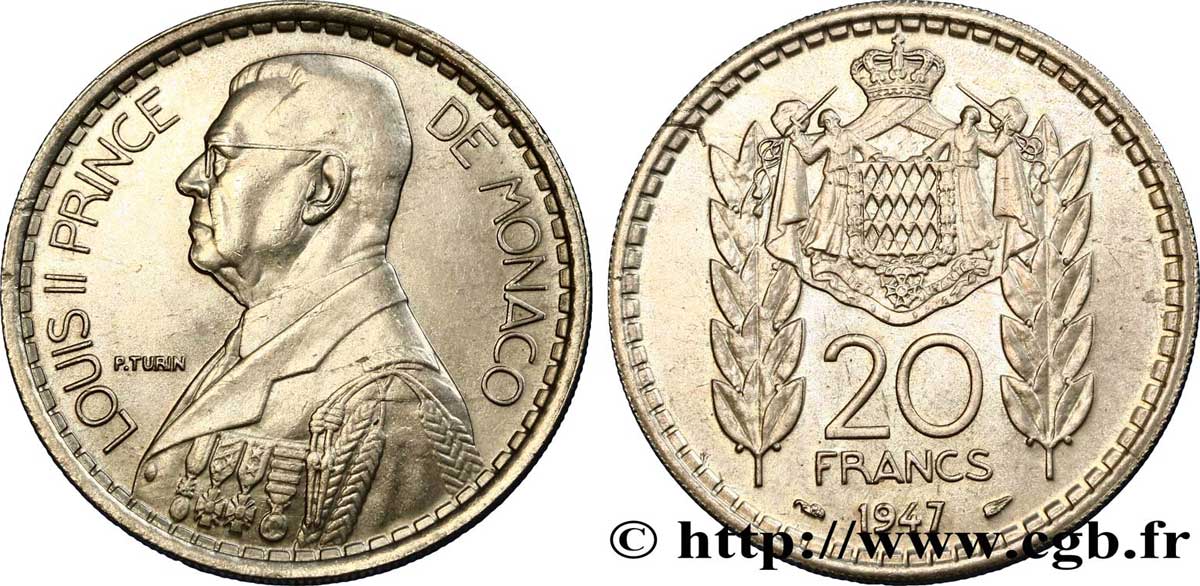 MONACO 20 Francs prince Louis II / armes 1947 Paris SUP 
