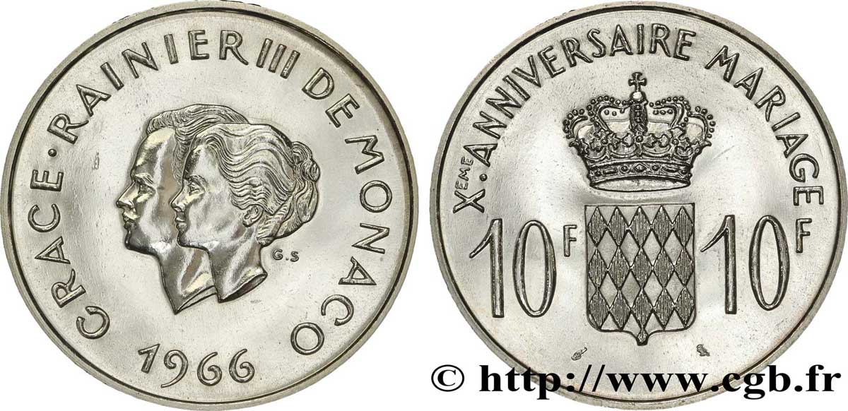 MONACO 10 Francs argent, dixième anniversaire du mariage 1966 Paris SUP 