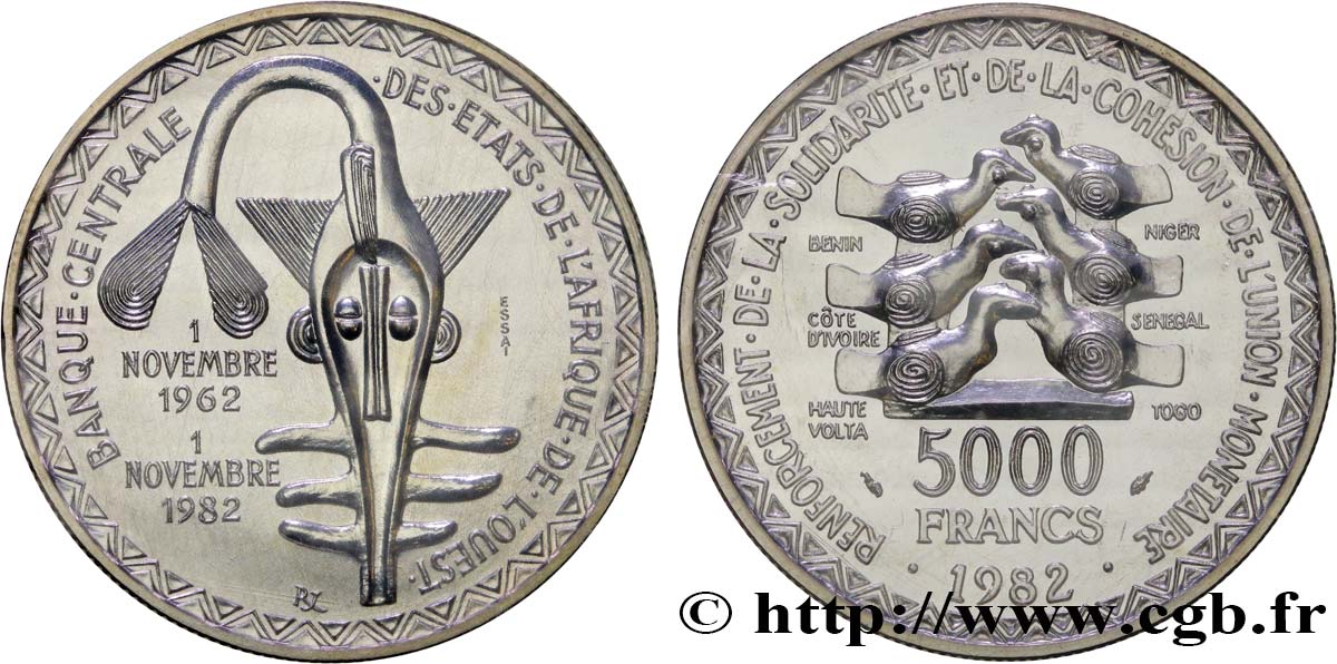 ÉTATS DE L AFRIQUE DE L OUEST (BCEAO) Essai de 5000 Francs masque / oiseau 20e anniversaire de l’Union Monétaire 1982 Paris FDC 
