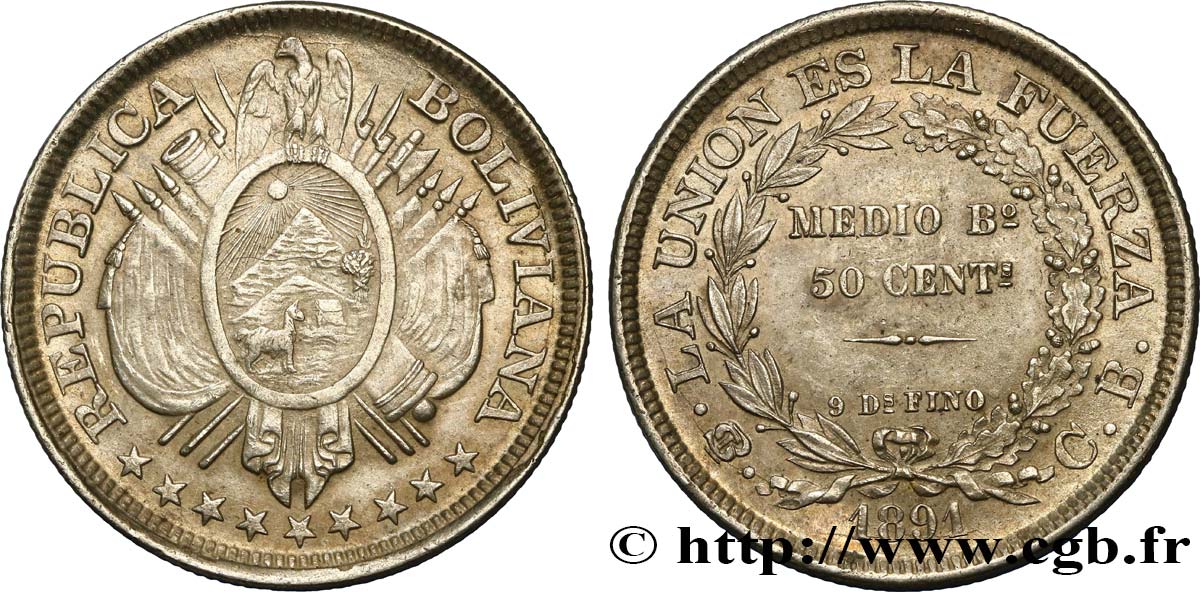 BOLIVIA 50 Centavos (1/2 Boliviano) 1891 Potosi AU 