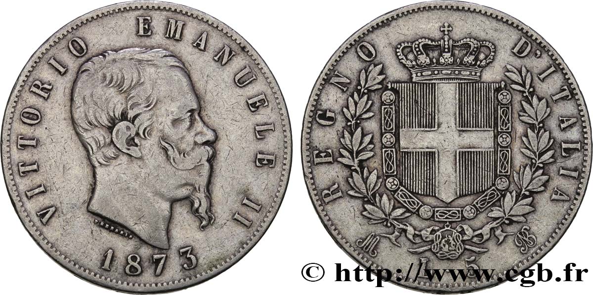 ITALIE 5 Lire Victor Emmanuel II 1873 Milan TB+ 