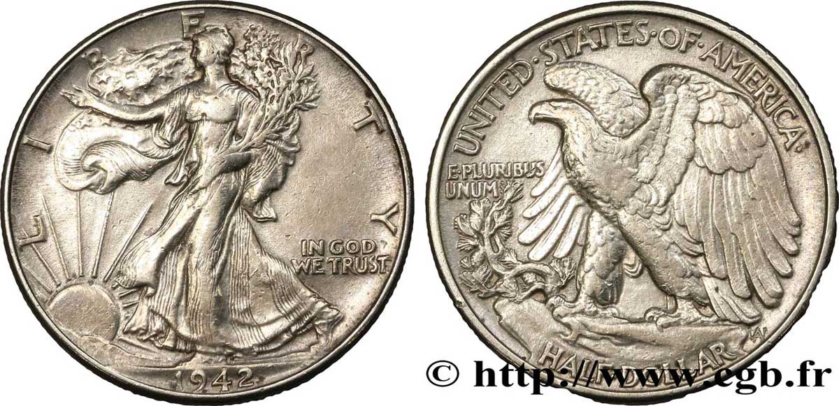 ÉTATS-UNIS D AMÉRIQUE 1/2 Dollar Walking Liberty 1942 Philadelphie TTB 