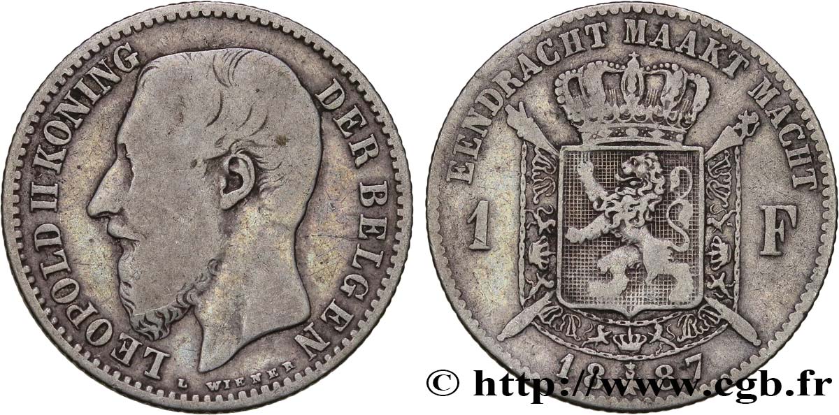 BELGIUM 1 Franc Léopold II légende flamande 1887 VF