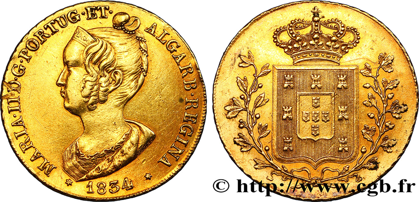 PORTUGAL - MARIA II  Peça ou pièce de 6400 Reis 1834 Lisbonne AU 