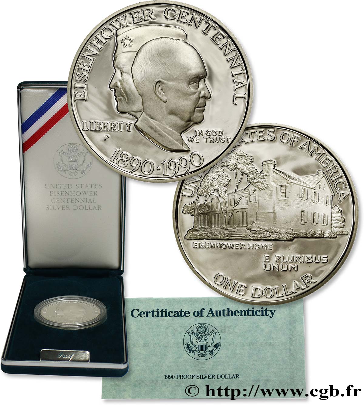ÉTATS-UNIS D AMÉRIQUE 1 Dollar Proof centenaire de la naissance du général Eisenhower : vues de profil / sa maison de Gettysburg 1990 Philadelphie - P FDC 