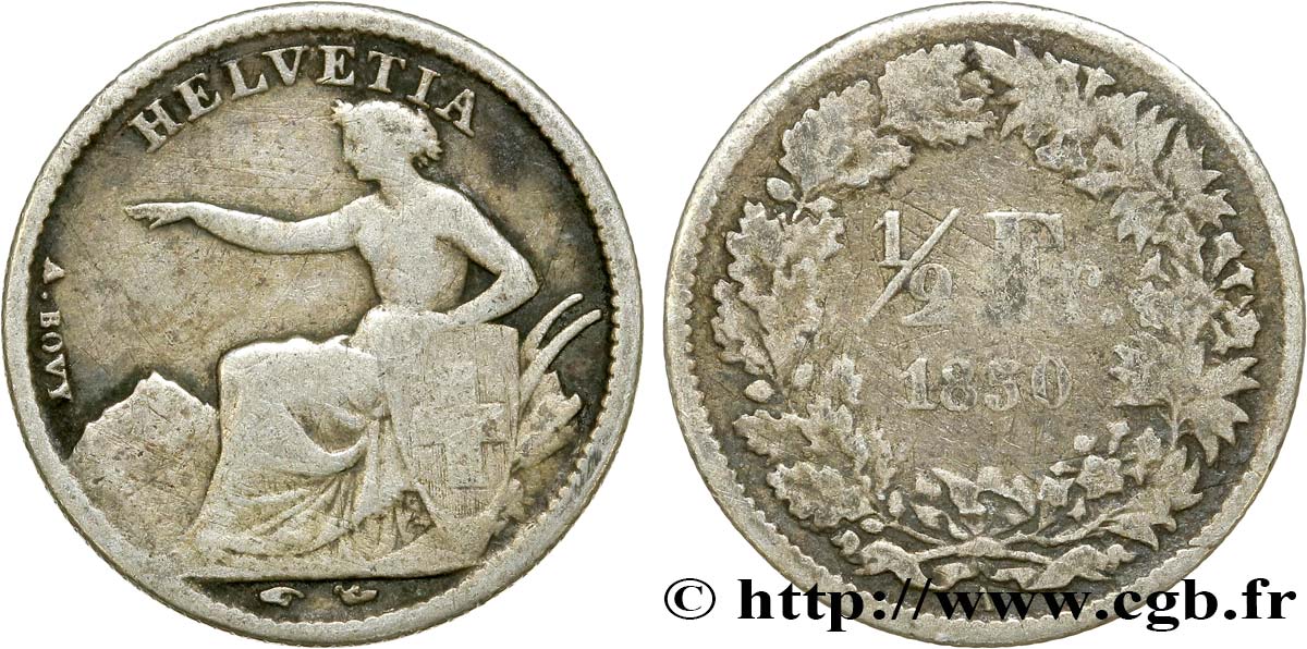 SUISSE 1/2 Franc Helvetia 1850 Paris B+ 