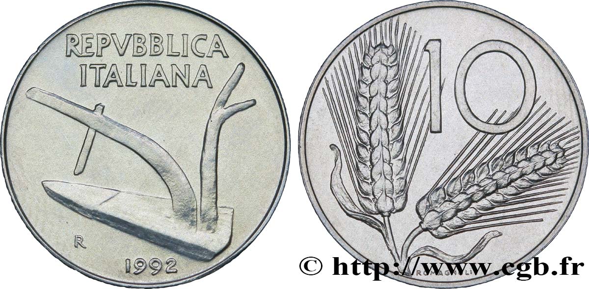 ITALIE 10 Lire charrue / 2 épis de blé 1992 Rome - R SPL 