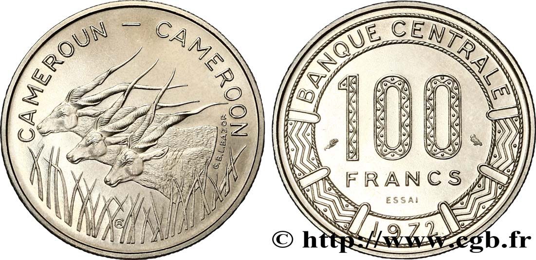 CAMERUN Essai de 100 Francs légende bilingue, type Banque Centrale, antilopes 1972 Paris FDC 