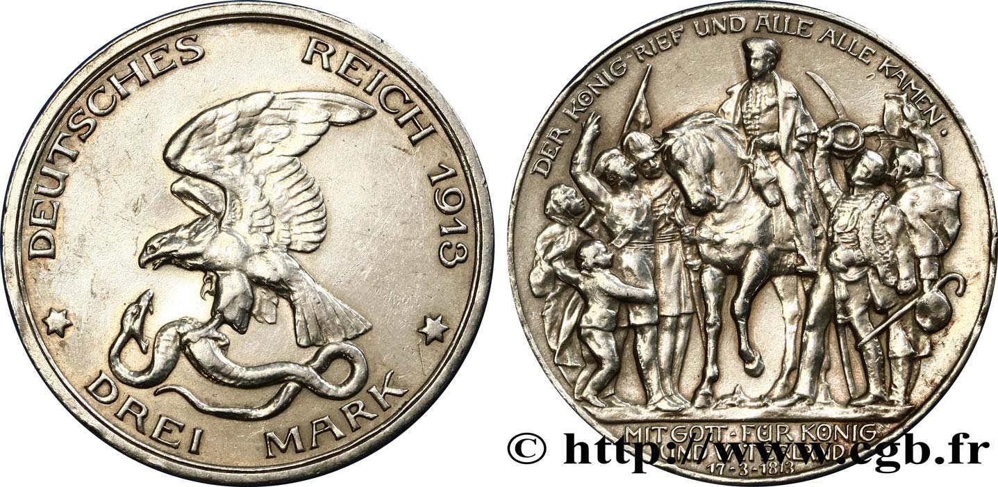 ALLEMAGNE - PRUSSE 3 Mark 100e anniversaire défaite de Napoléon 1913 Berlin TTB+ 